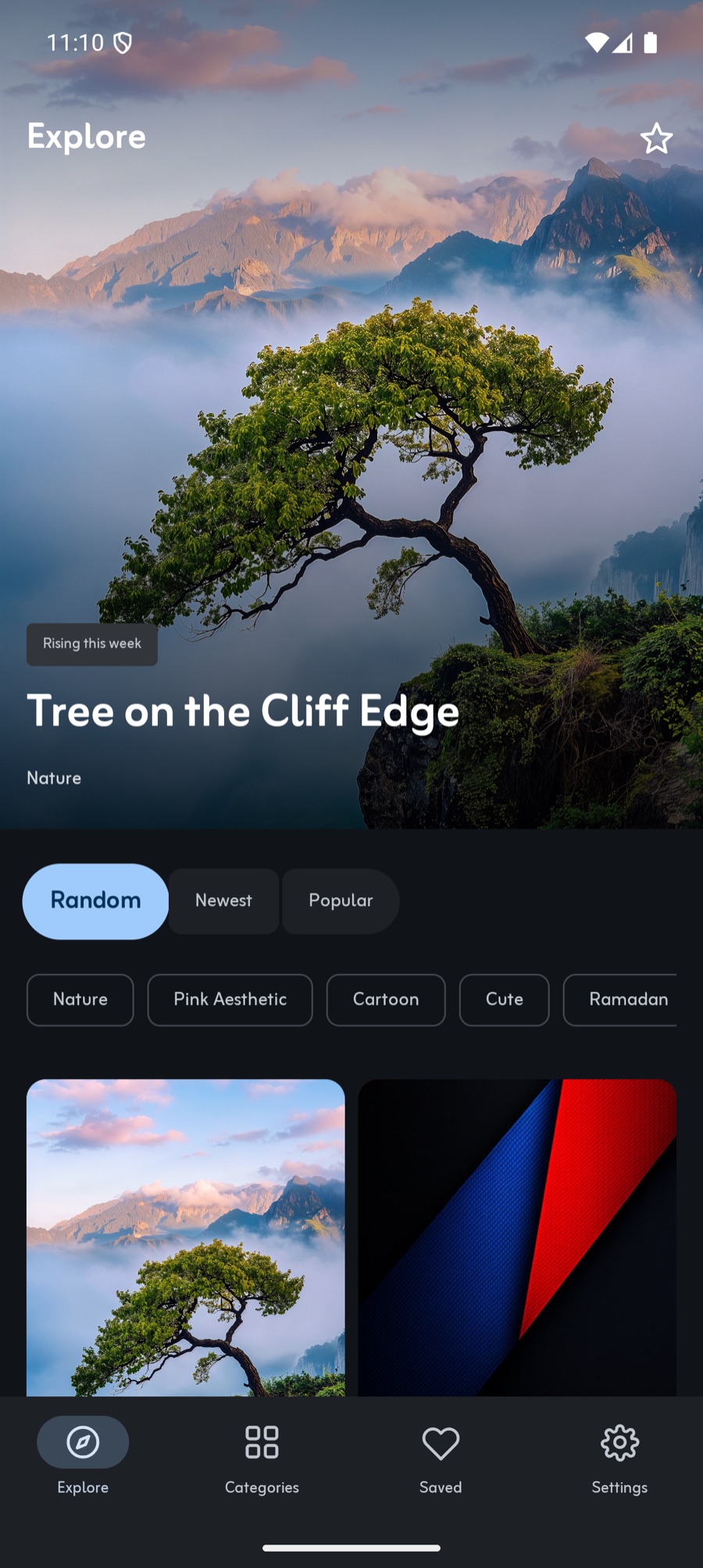 ZaPixel on Android in its dark theme: the Explore screen, with a Rising this week hero, sort buttons tinted by the phone's wallpaper colours, category chips and a grid below.