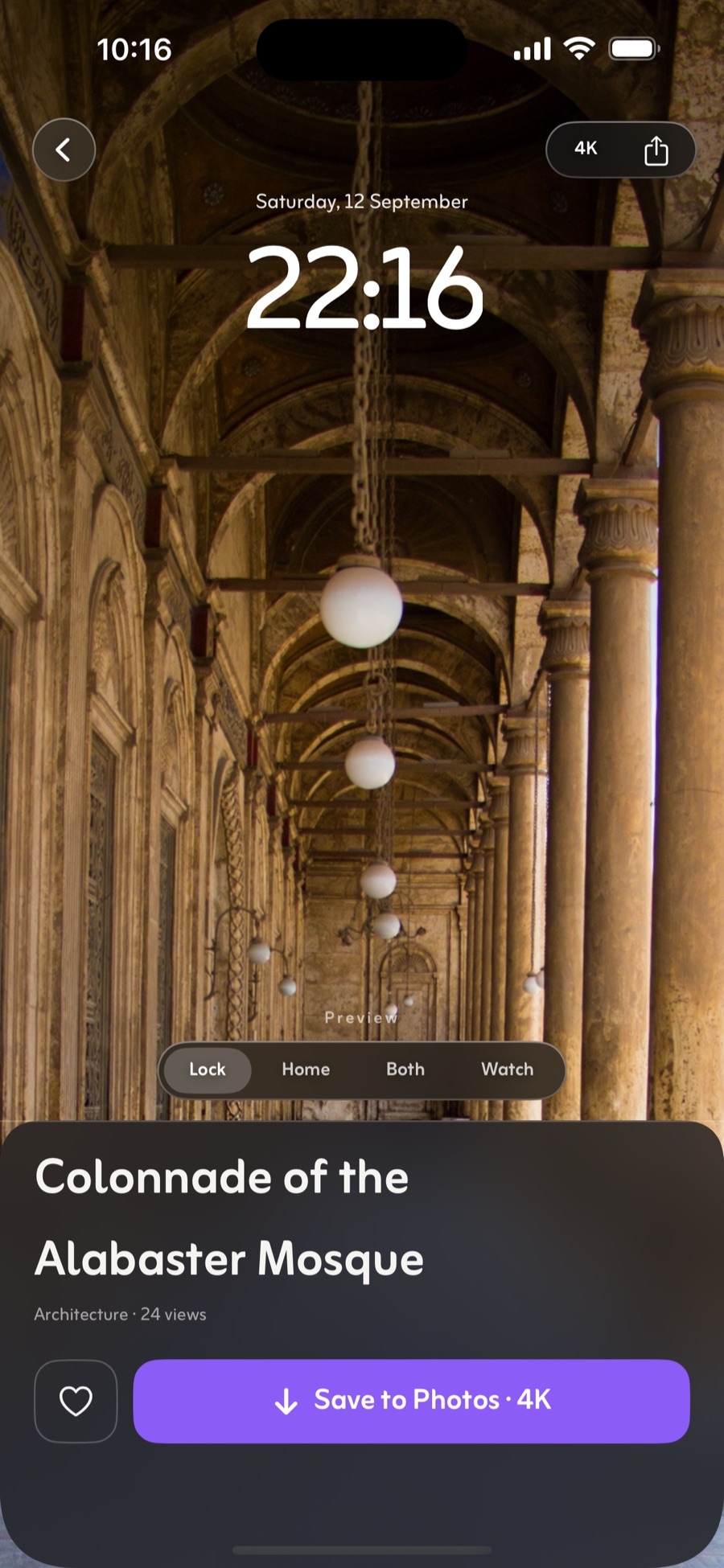 ZaPixel on iPhone: a wallpaper previewed behind a mock lock screen clock, with a Lock, Home, Both and Watch switcher, and a Save to Photos · 4K button.